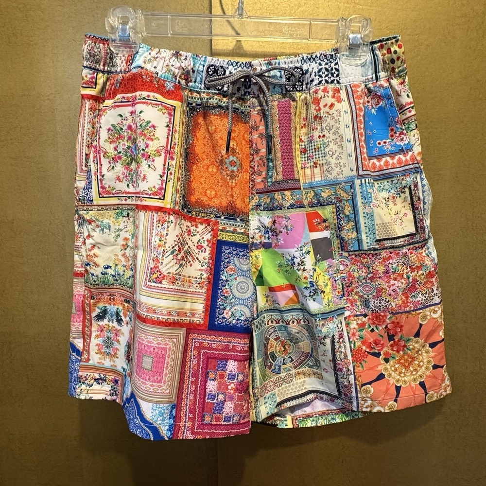 NWT Men's Size Small Johnny Was Annika Lined Swim Short Patchwork Waist 28 Tie